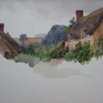 Charles James Adams 07 (Sketch of some thatched cottages in a village, with a hill beyond)