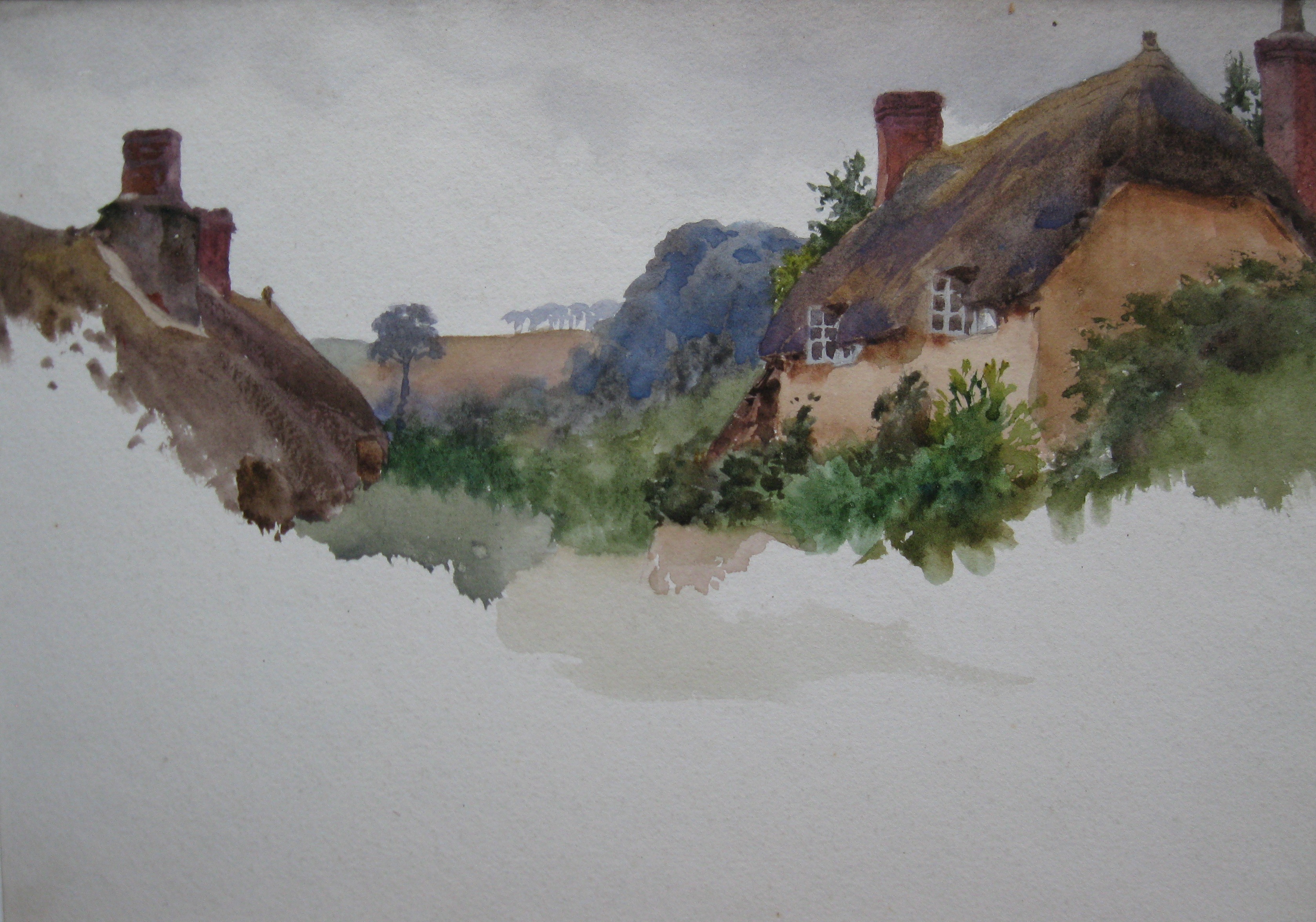 Charles James Adams 07 (Sketch of some thatched cottages in a village, with a hill beyond)