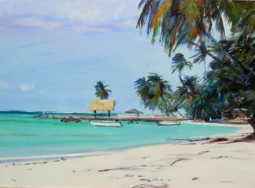 Neil Murrison Tropical beach scene with palm trees.