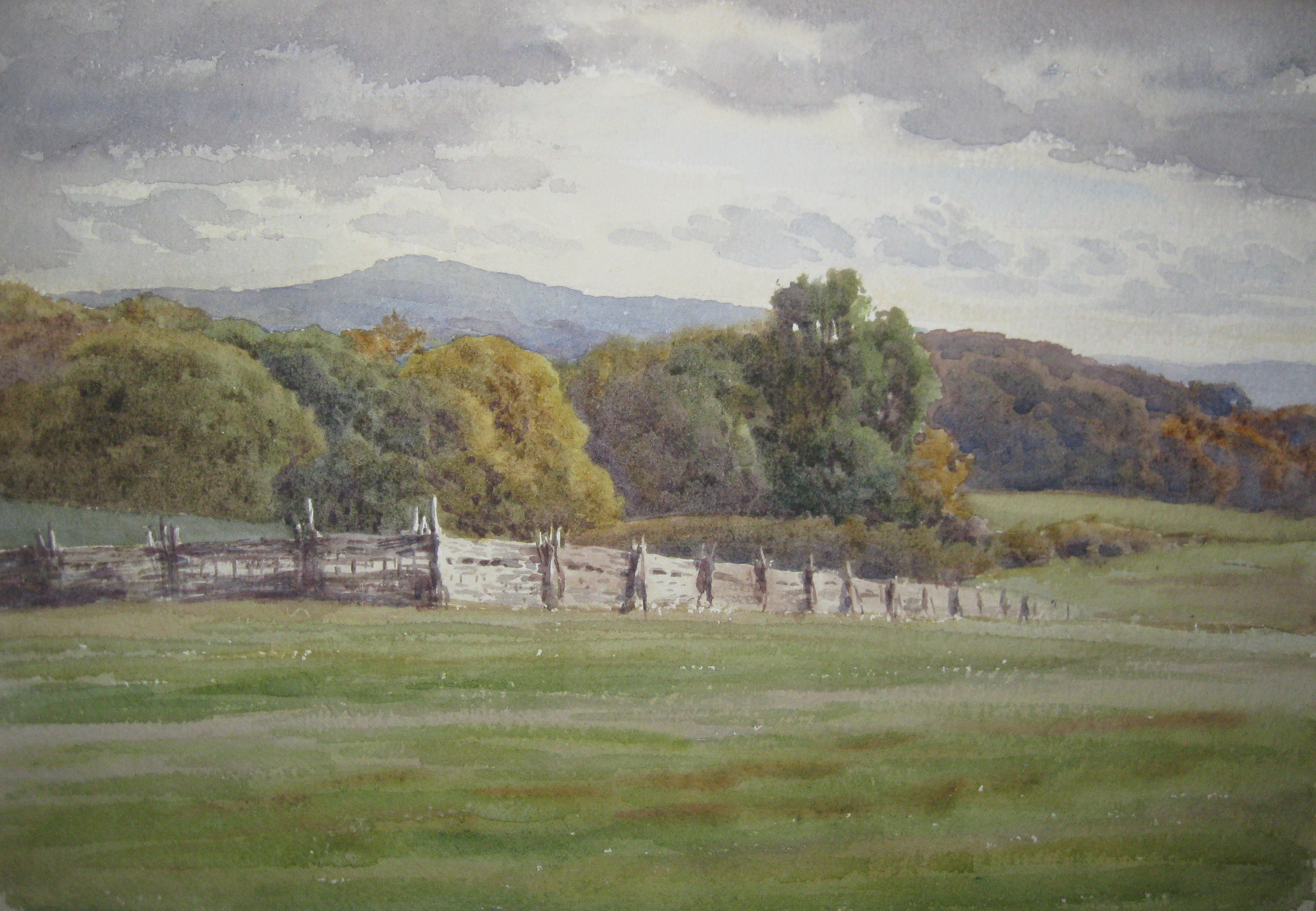 Charles James Adams (sketch of a livestock stockade with woods and hills beyond)