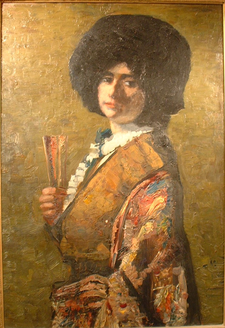 Alfred Aaron Wolmark, Painting of his sister, Sarah standing with a fan in her hand