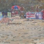 Ken Howard watercolour of a beach with windbreaks and umbrellas