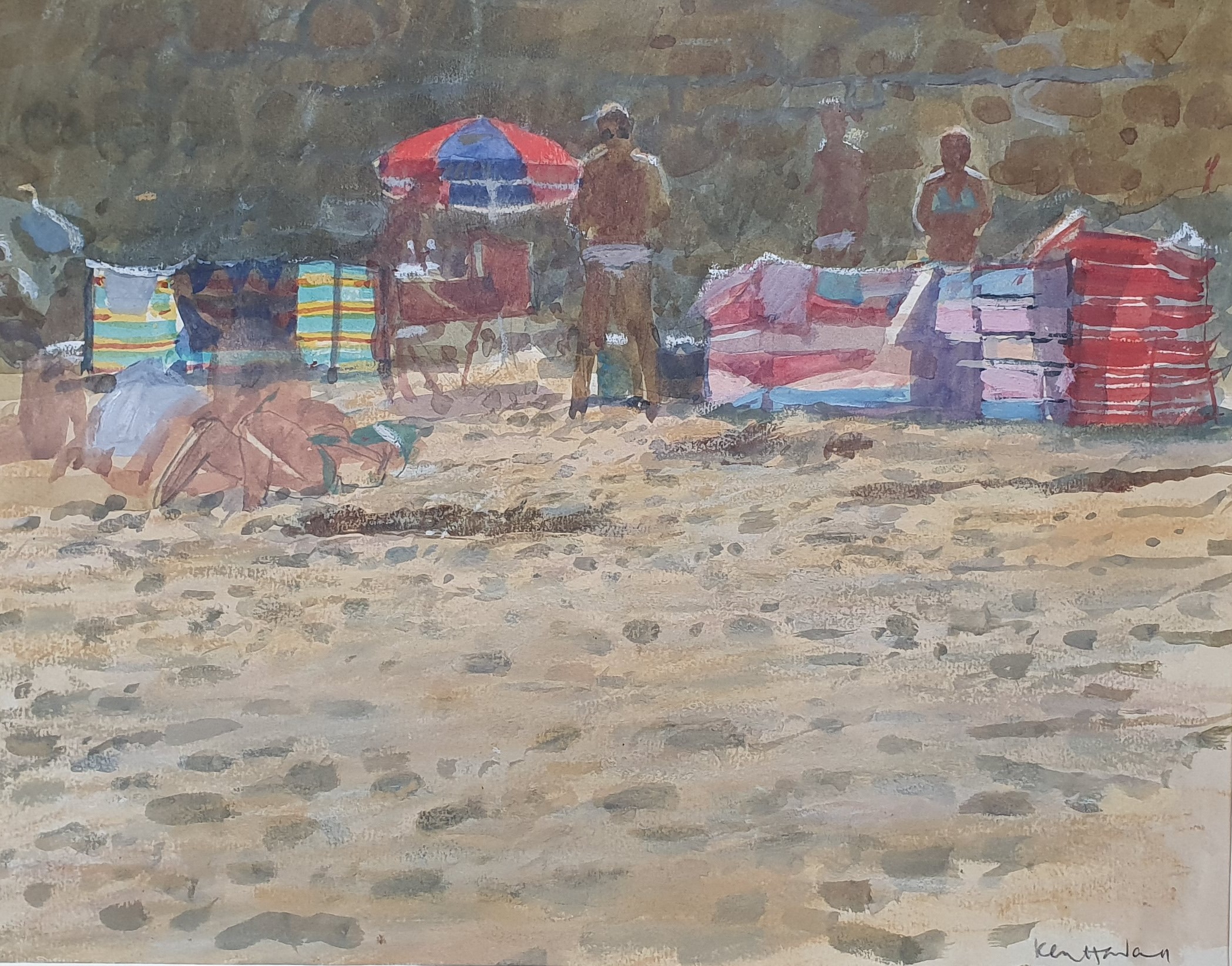 Ken Howard watercolour of a beach with windbreaks and umbrellas